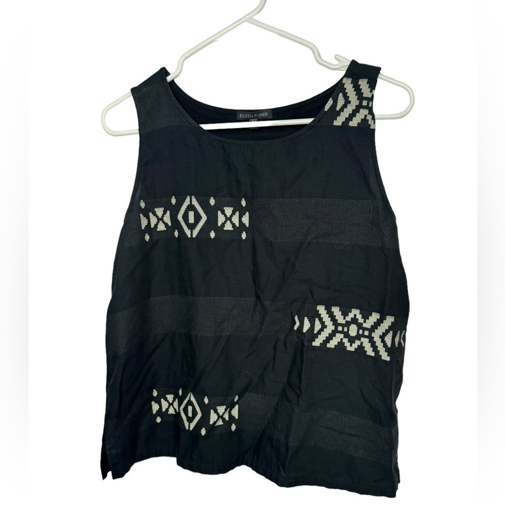 Eileen Fisher Striped Tank Top M Black White Aztec Print Sleeveless Shirt